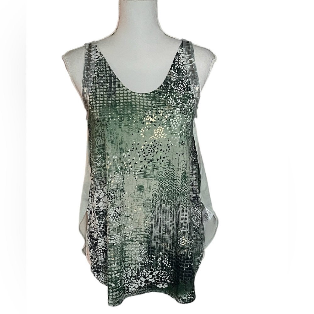 MISS ME Top Artsy Geometric Print Green Gold  Bling Tank Sleeveless Size S NEW